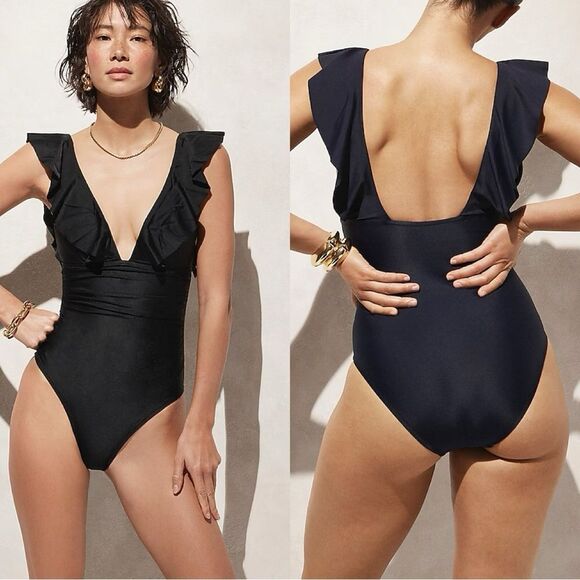 NWT J CREW Ruched ruffle one-piece swimsuit in black - Picture 1 of 7